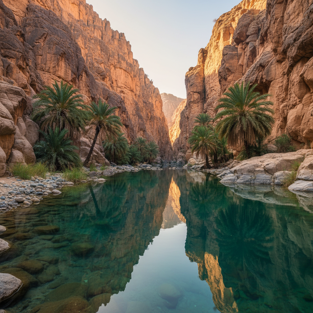 Un oasis con aguas cristalinas rodeado de palmeras y altos acantilados rocosos.